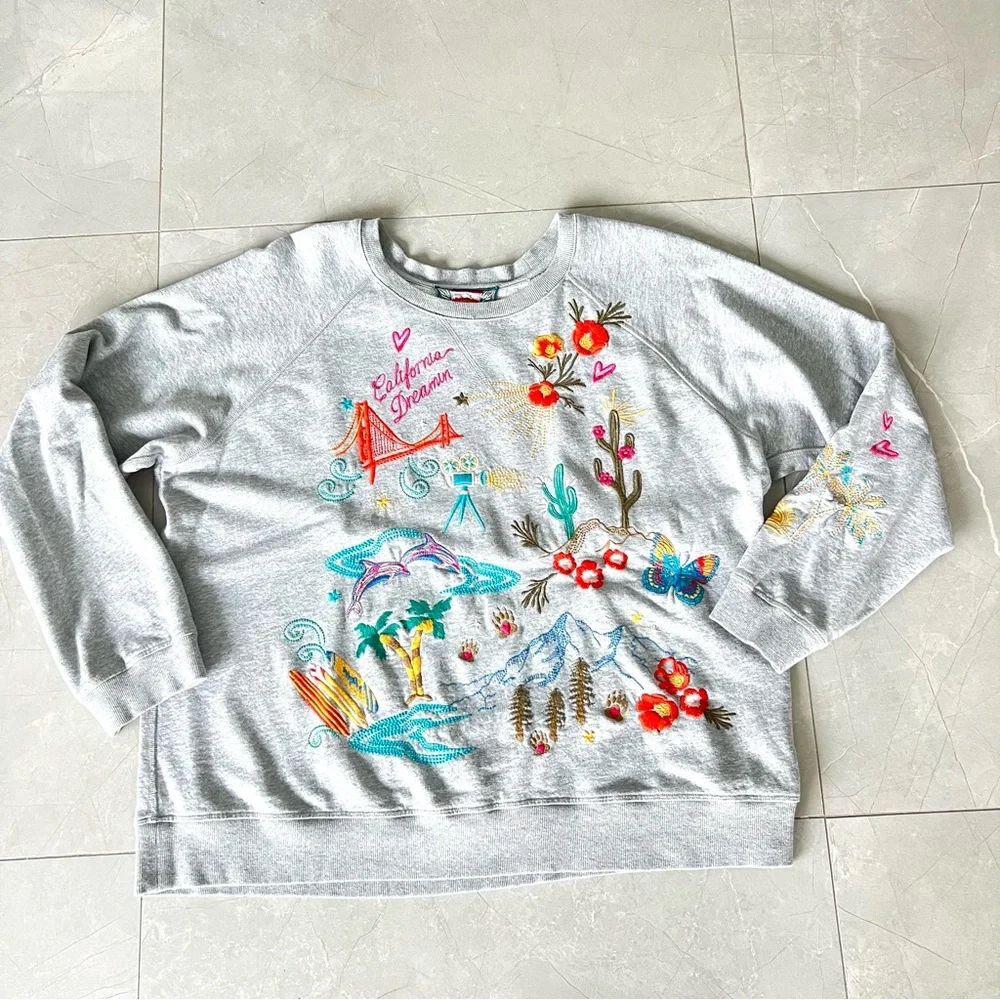 JOHNNY WAS California Raglan Gray Multicolor Embroidery Cotton Sweatshirt Sz XL - Picture 13 of 16